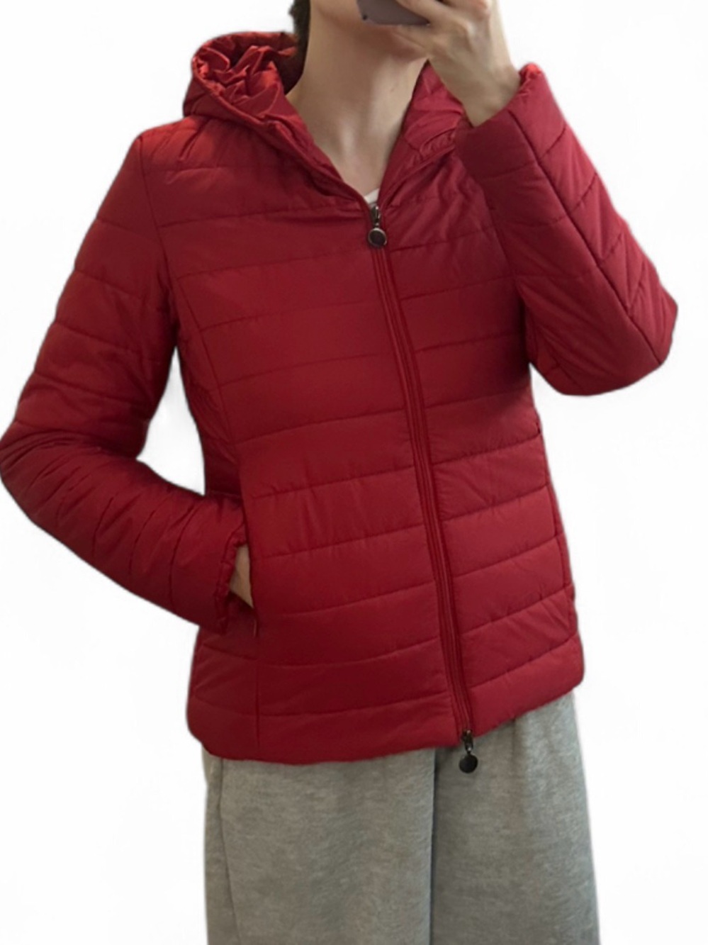 Women’s Cherry Red Quilted Hooded Puffer Jacket Coat Size Medium/Small